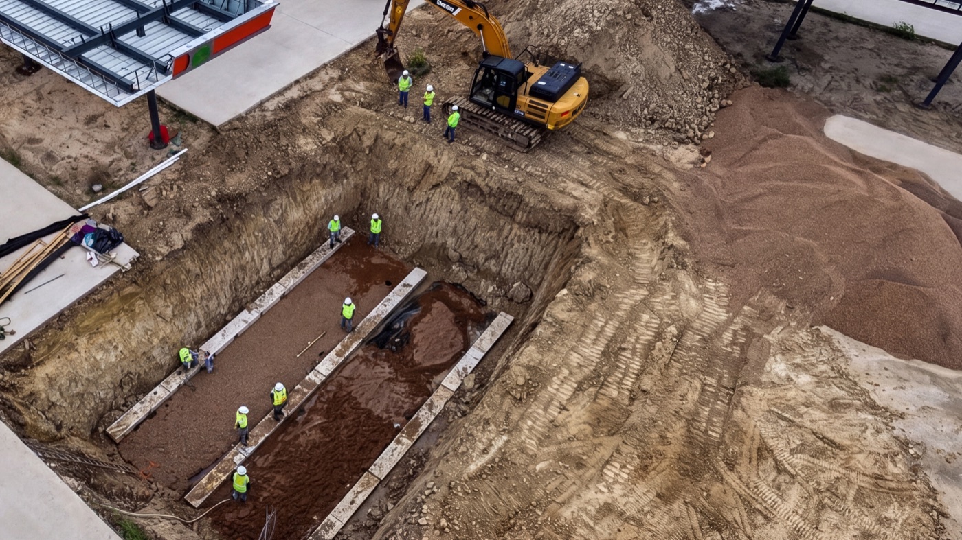 Excavation prepared for an underground storage tank installation