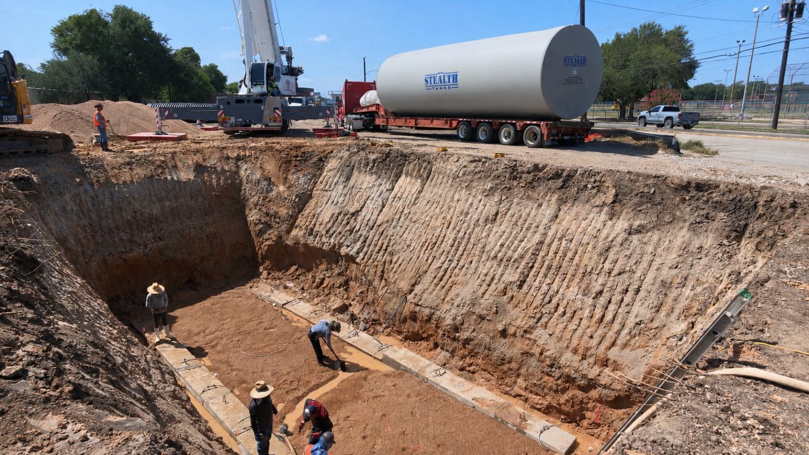 Crew excavating the tank pit for an underground storage tank installation in Pasadena, Texas
